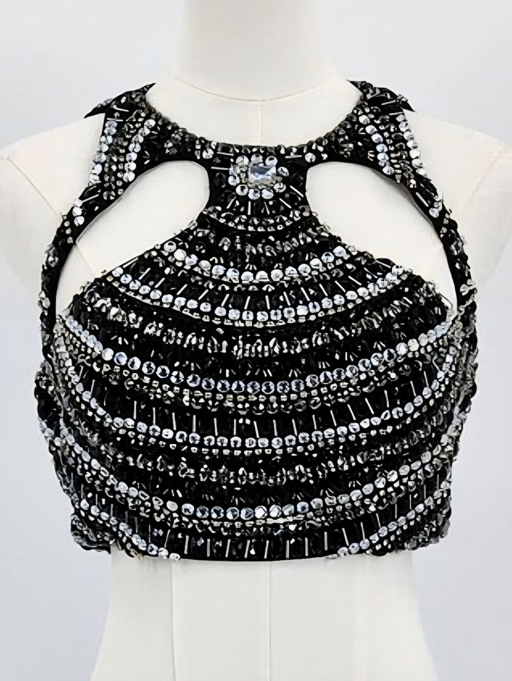 Rachel Allan Beaded Halter Top Size 4 Black Rhinestone Cutout Pageant Crop